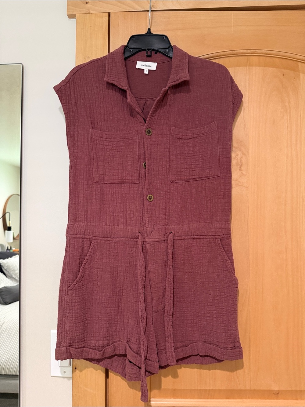 bohme Mauve Textured Button Romper with Tie Waist